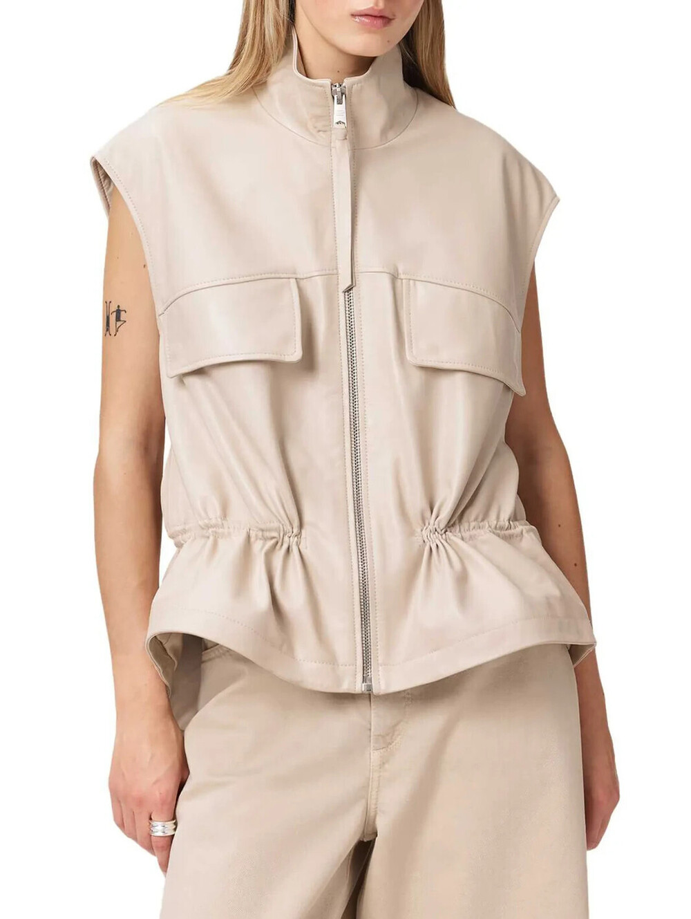 NEW, ALLSAINTS Flor Zip-Up Leather Gilet in Antique White Sz 4 #SJ2580